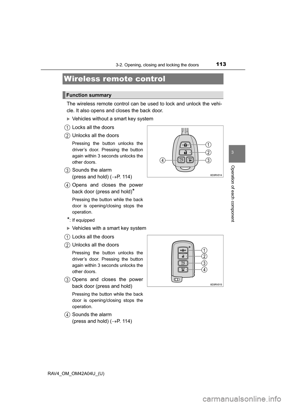 TOYOTA RAV4 2014 XA40 / 4.G Owners Manual 113
RAV4_OM_OM42A04U_(U)
3-2. Opening, closing and locking the doors
3
Operation of each component
Wireless remote control
The wireless remote control can be used to lock and unlock the vehi-
cle. It 