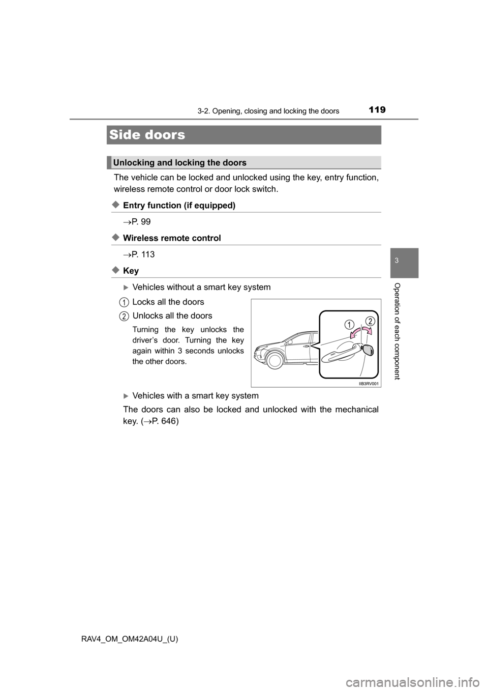 TOYOTA RAV4 2014 XA40 / 4.G Owners Manual 119
RAV4_OM_OM42A04U_(U)
3-2. Opening, closing and locking the doors
3
Operation of each component
Side doors
The vehicle can be locked and unlocked using the key, entry function,
wireless remote cont TOYOTA RAV4 2014 XA40 / 4.G Owners Manual 119
RAV4_OM_OM42A04U_(U)
3-2. Opening, closing and locking the doors
3
Operation of each component
Side doors
The vehicle can be locked and unlocked using the key, entry function,
wireless remote cont