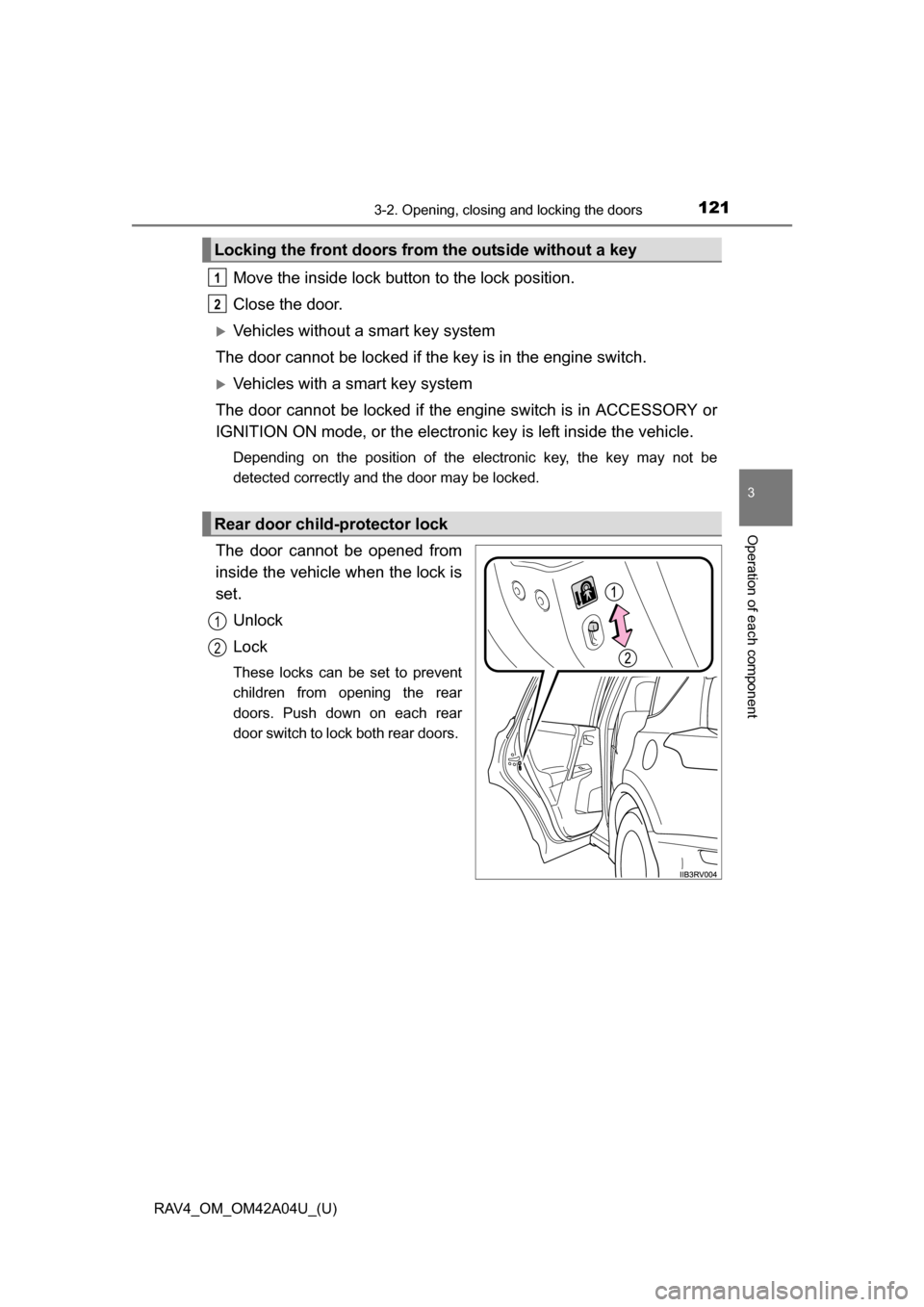 TOYOTA RAV4 2014 XA40 / 4.G Owners Manual RAV4_OM_OM42A04U_(U)
1213-2. Opening, closing and locking the doors
3
Operation of each component
Move the inside lock button to the lock position.
Close the door.
Vehicles without a smart key syst