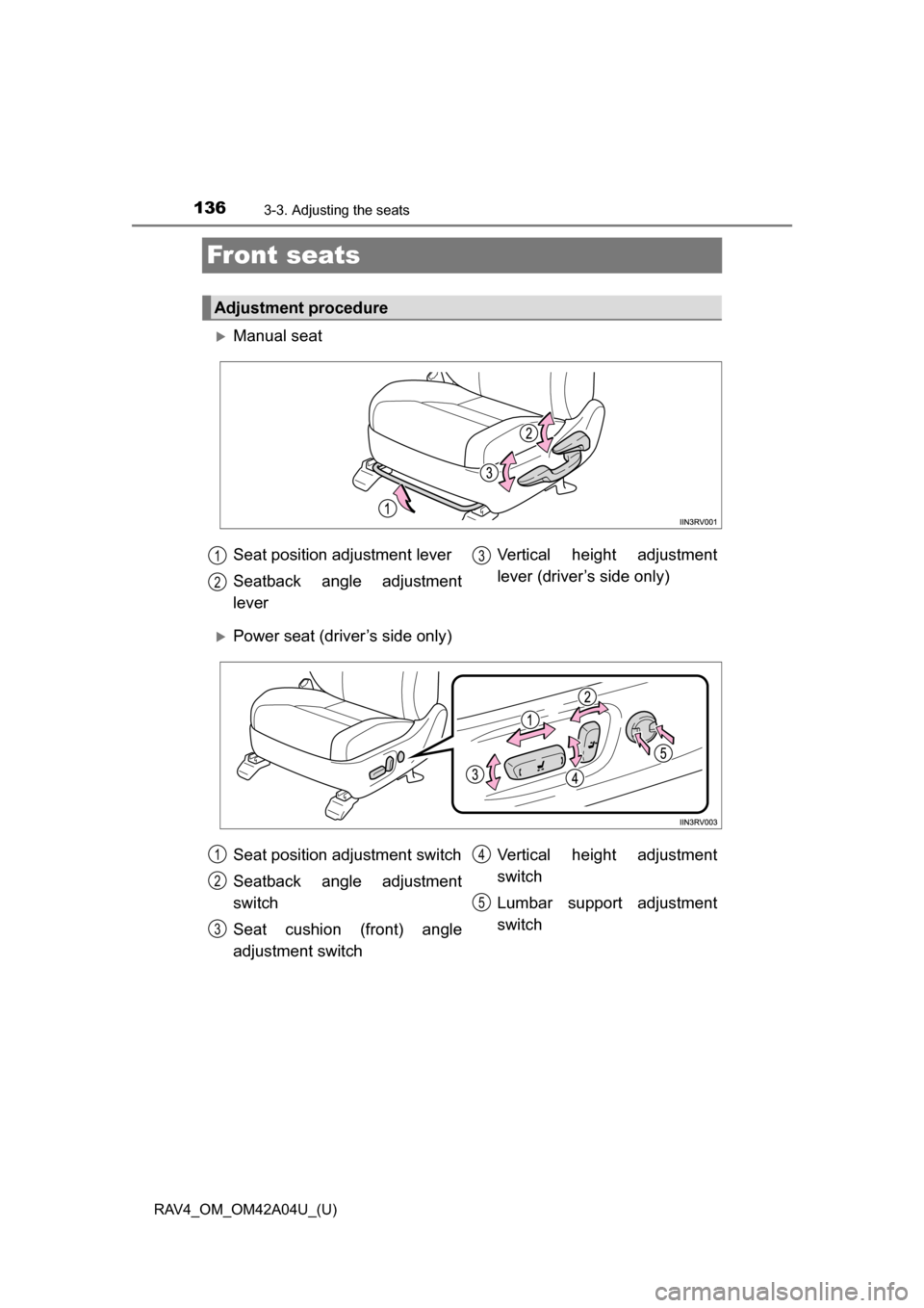 TOYOTA RAV4 2014 XA40 / 4.G Owners Manual 136
RAV4_OM_OM42A04U_(U)
3-3. Adjusting the seats
Front seats
Manual seat
Power seat (driver’s side only)
Adjustment procedure
Seat position adjustment lever
Seatback angle adjustment
lever Ve