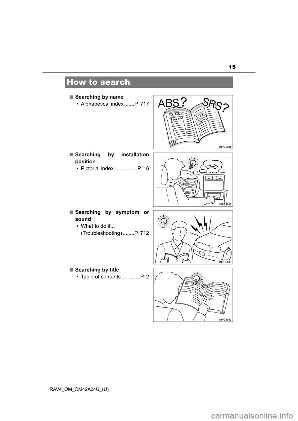 TOYOTA RAV4 2014 XA40 / 4.G User Guide 15
RAV4_OM_OM42A04U_(U)
How to search
■Searching by name• Alphabetical index .......P. 717
■Searching by installation
position• Pictorial index ................P. 16
■Searching by symptom or TOYOTA RAV4 2014 XA40 / 4.G User Guide 15
RAV4_OM_OM42A04U_(U)
How to search
■Searching by name• Alphabetical index .......P. 717
■Searching by installation
position• Pictorial index ................P. 16
■Searching by symptom or