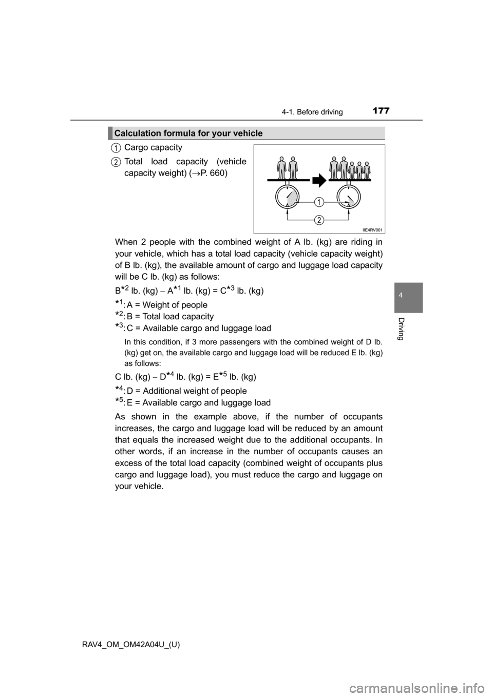 TOYOTA RAV4 2014 XA40 / 4.G Owners Manual RAV4_OM_OM42A04U_(U)
1774-1. Before driving
4
Driving
Cargo capacity
Total load capacity (vehicle
capacity weight) (P. 660)
When 2 people with the combined weight of A lb. (kg) are riding in
your v