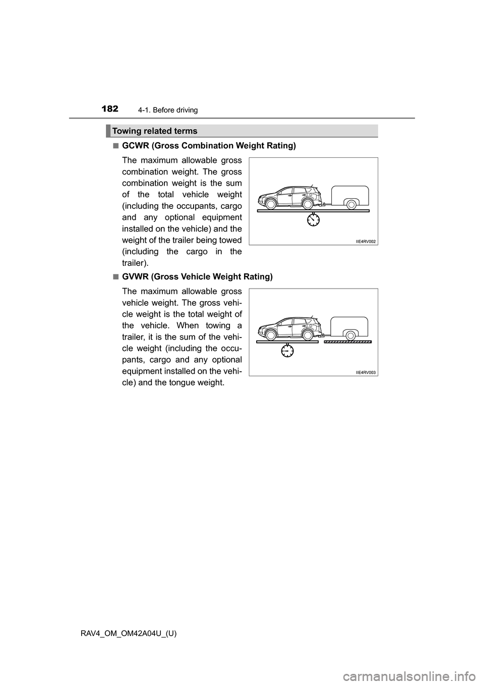 TOYOTA RAV4 2014 XA40 / 4.G Owners Manual 182
RAV4_OM_OM42A04U_(U)
4-1. Before driving
■GCWR (Gross Combination Weight Rating)
The maximum allowable gross
combination weight. The gross
combination weight is the sum
of the total vehicle weig TOYOTA RAV4 2014 XA40 / 4.G Owners Manual 182
RAV4_OM_OM42A04U_(U)
4-1. Before driving
■GCWR (Gross Combination Weight Rating)
The maximum allowable gross
combination weight. The gross
combination weight is the sum
of the total vehicle weig