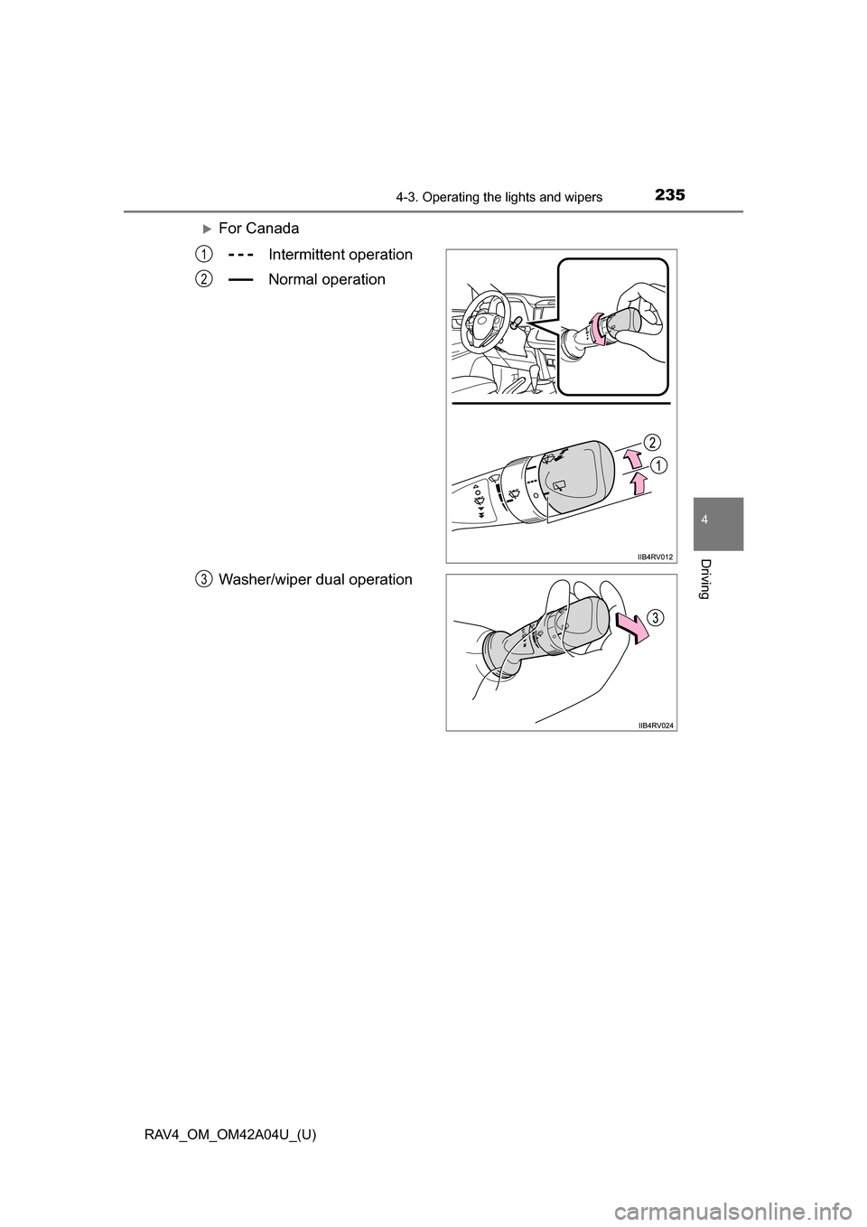 TOYOTA RAV4 2014 XA40 / 4.G Owners Manual RAV4_OM_OM42A04U_(U)
2354-3. Operating the lights and wipers
4
Driving
For CanadaIntermittent operation
Normal operation
Washer/wiper dual operation
1
2
3 
