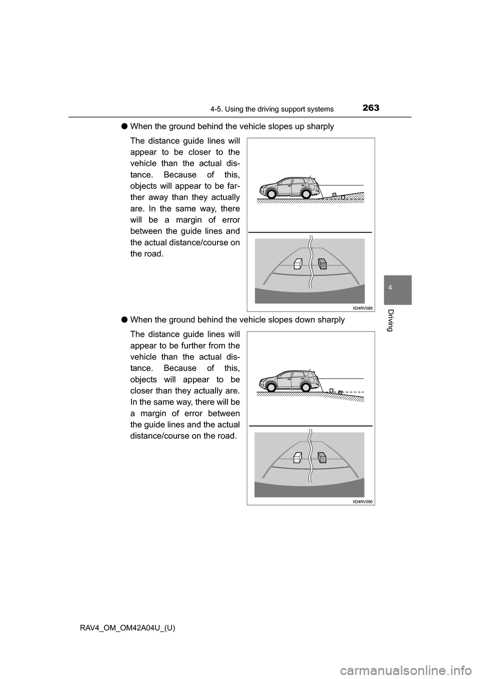 TOYOTA RAV4 2014 XA40 / 4.G Owners Manual RAV4_OM_OM42A04U_(U)
2634-5. Using the driving support systems
4
Driving
●When the ground behind the vehicle slopes up sharply
The distance guide lines will
appear to be closer to the
vehicle than t TOYOTA RAV4 2014 XA40 / 4.G Owners Manual RAV4_OM_OM42A04U_(U)
2634-5. Using the driving support systems
4
Driving
●When the ground behind the vehicle slopes up sharply
The distance guide lines will
appear to be closer to the
vehicle than t