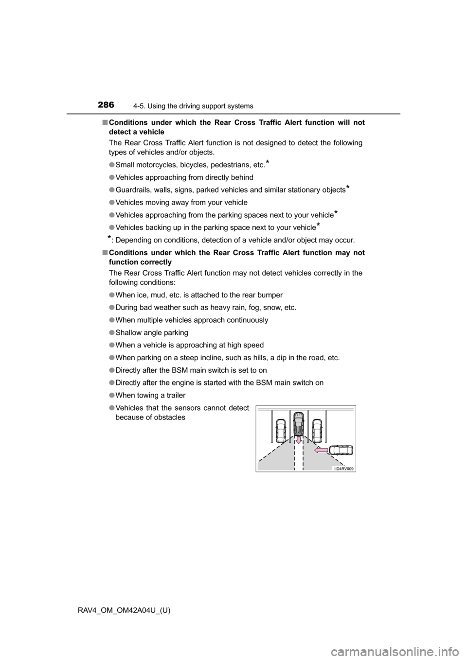 TOYOTA RAV4 2014 XA40 / 4.G Owners Manual 286
RAV4_OM_OM42A04U_(U)
4-5. Using the driving support systems
■Conditions under which the Rear Cr oss Traffic Alert function will not
detect a vehicle
The Rear Cross Traffic Alert function is not TOYOTA RAV4 2014 XA40 / 4.G Owners Manual 286
RAV4_OM_OM42A04U_(U)
4-5. Using the driving support systems
■Conditions under which the Rear Cr oss Traffic Alert function will not
detect a vehicle
The Rear Cross Traffic Alert function is not