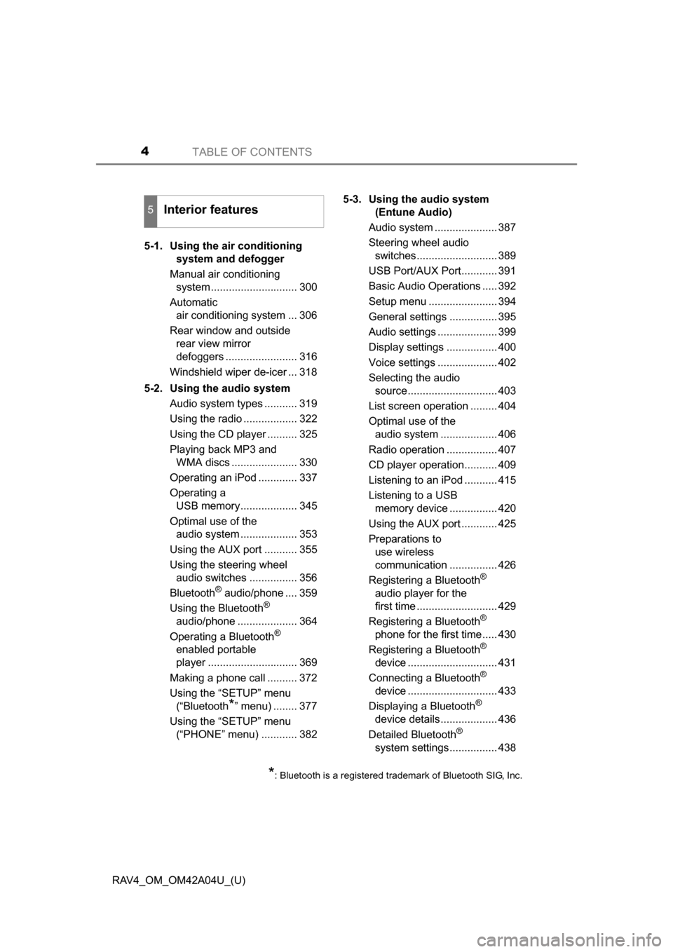 TOYOTA RAV4 2014 XA40 / 4.G Owners Manual TABLE OF CONTENTS4
RAV4_OM_OM42A04U_(U)5-1. Using the air conditioning 
system and defogger
Manual air conditioning  system............................. 300
Automatic  air conditioning system ... 306
