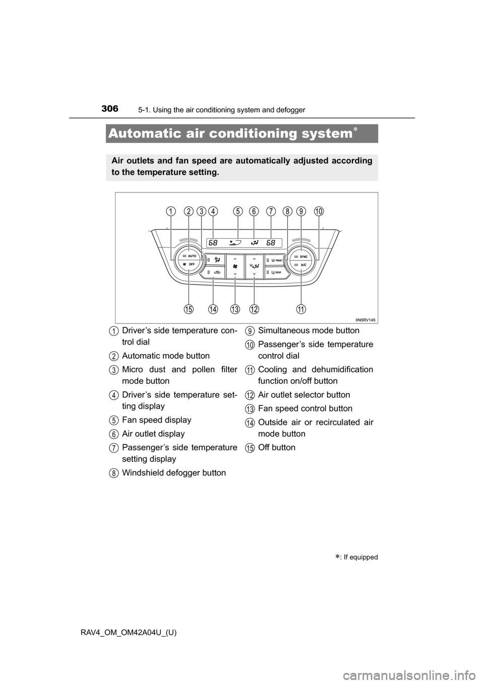 TOYOTA RAV4 2014 XA40 / 4.G Owners Manual 306
RAV4_OM_OM42A04U_(U)
5-1. Using the air conditioning system and defogger
Automatic air conditioning system
: If equipped
Air outlets and fan speed are automatically adjusted according
to the