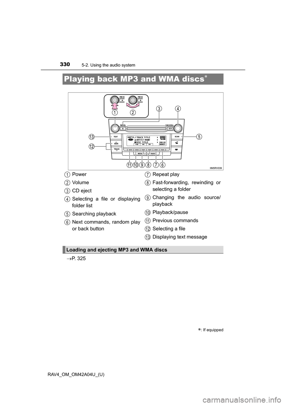 TOYOTA RAV4 2014 XA40 / 4.G Owners Manual 330
RAV4_OM_OM42A04U_(U)
5-2. Using the audio system
Playing back MP3 and WMA discs
P.  3 2 5
: If equipped
Power
Vo l u m e
CD eject
Selecting a file or displaying
folder list
Searching play