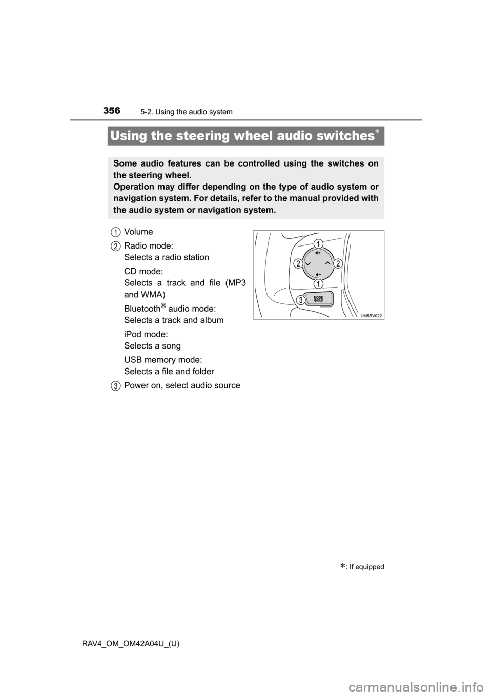 TOYOTA RAV4 2014 XA40 / 4.G Owners Manual 356
RAV4_OM_OM42A04U_(U)
5-2. Using the audio system
Using the steering wheel audio switches
Vo l u m e
Radio mode:
Selects a radio station
CD mode:
Selects a track and file (MP3
and WMA)
Bluetooth TOYOTA RAV4 2014 XA40 / 4.G Owners Manual 356
RAV4_OM_OM42A04U_(U)
5-2. Using the audio system
Using the steering wheel audio switches
Vo l u m e
Radio mode:
Selects a radio station
CD mode:
Selects a track and file (MP3
and WMA)
Bluetooth
