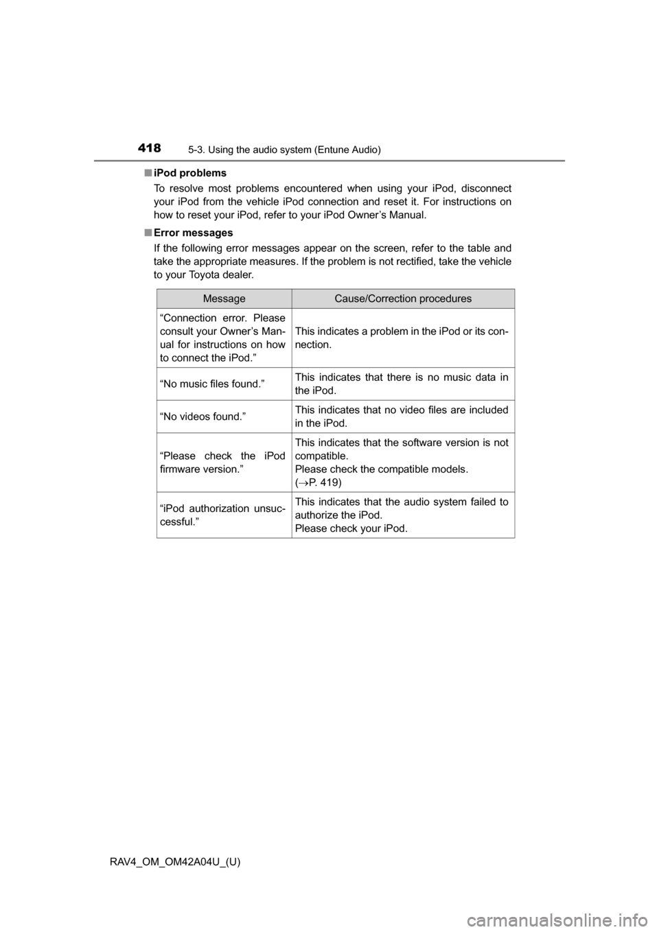 TOYOTA RAV4 2014 XA40 / 4.G Owners Manual 418
RAV4_OM_OM42A04U_(U)
5-3. Using the audio system (Entune Audio)
■iPod problems
To resolve most problems encountered when using your iPod, disconnect
your iPod from the vehicle iPod connection an TOYOTA RAV4 2014 XA40 / 4.G Owners Manual 418
RAV4_OM_OM42A04U_(U)
5-3. Using the audio system (Entune Audio)
■iPod problems
To resolve most problems encountered when using your iPod, disconnect
your iPod from the vehicle iPod connection an