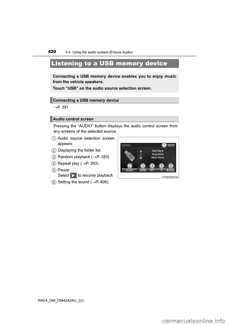 TOYOTA RAV4 2014 XA40 / 4.G Owners Manual 420
RAV4_OM_OM42A04U_(U)
5-3. Using the audio system (Entune Audio)
Listening to a USB memor y device
P. 3 9 1
Pressing the “AUDIO” button disp lays the audio control screen from
any screens o TOYOTA RAV4 2014 XA40 / 4.G Owners Manual 420
RAV4_OM_OM42A04U_(U)
5-3. Using the audio system (Entune Audio)
Listening to a USB memor y device
P. 3 9 1
Pressing the “AUDIO” button disp lays the audio control screen from
any screens o