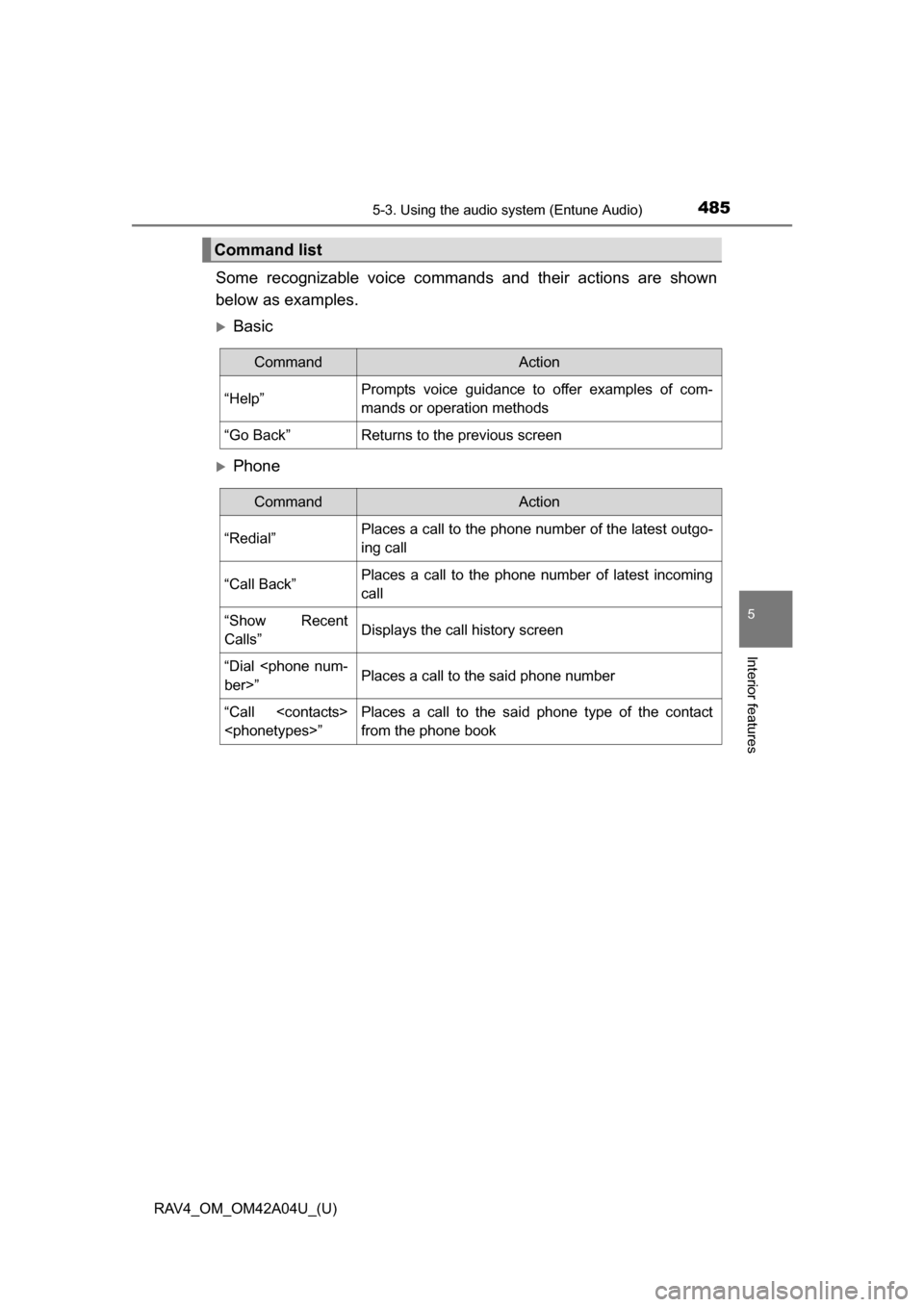 TOYOTA RAV4 2014 XA40 / 4.G Owners Manual RAV4_OM_OM42A04U_(U)
4855-3. Using the audio system (Entune Audio)
5
Interior features
Some recognizable voice commands and their actions are shown
below as examples.
Basic
Phone
Command list
Co