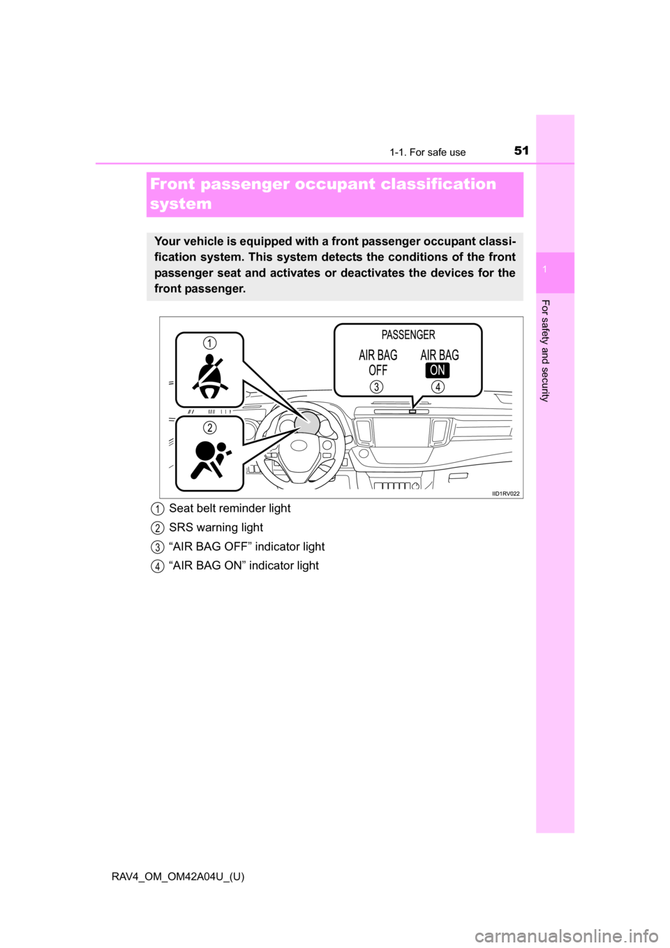 TOYOTA RAV4 2014 XA40 / 4.G Workshop Manual 511-1. For safe use
RAV4_OM_OM42A04U_(U)
1
For safety and security
Front passenger occupant classification
system
Your vehicle is equipped with a front passenger occupant classi-
fication system. Thi TOYOTA RAV4 2014 XA40 / 4.G Workshop Manual 511-1. For safe use
RAV4_OM_OM42A04U_(U)
1
For safety and security
Front passenger occupant classification
system
Your vehicle is equipped with a front passenger occupant classi-
fication system. Thi