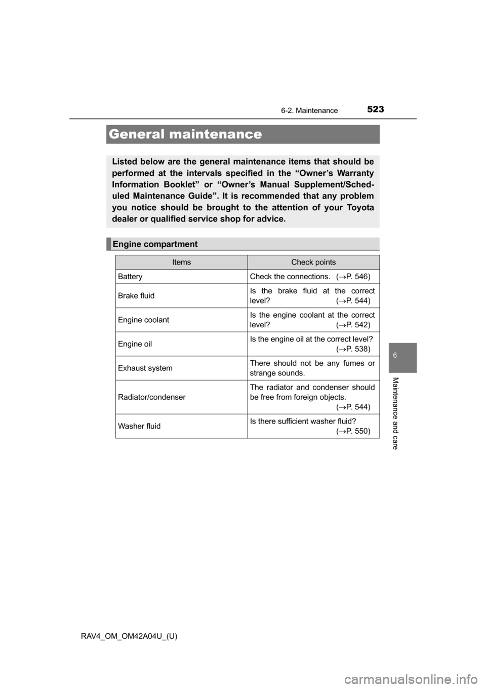 TOYOTA RAV4 2014 XA40 / 4.G Owners Manual 523
RAV4_OM_OM42A04U_(U)
6-2. Maintenance
6
Maintenance and care
General maintenance
Listed below are the general maintenance items that should be
performed at the intervals specified in the “Owner�