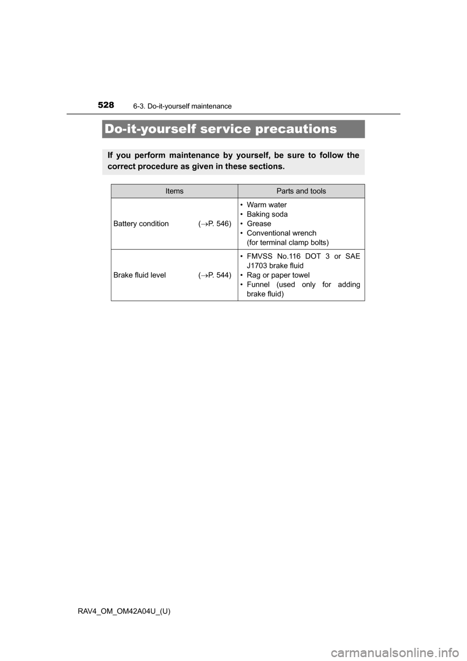 TOYOTA RAV4 2014 XA40 / 4.G Owners Manual 528
RAV4_OM_OM42A04U_(U)
6-3. Do-it-yourself maintenance
Do-it-yourself ser vice precautions
If you perform maintenance by yourself, be sure to follow the
correct procedure as given in these sections.