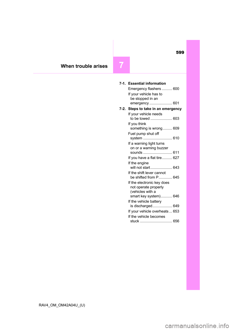 TOYOTA RAV4 2014 XA40 / 4.G Owners Manual 599
RAV4_OM_OM42A04U_(U)
7When trouble arises
7-1. Essential informationEmergency flashers .......... 600
If your vehicle has to be stopped in an 
emergency ...................... 601
7-2. Steps to ta
