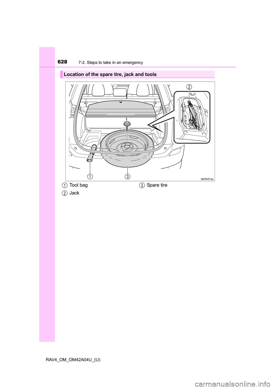 TOYOTA RAV4 2014 XA40 / 4.G Owners Manual 6287-2. Steps to take in an emergency
RAV4_OM_OM42A04U_(U)
Location of the spare tire, jack and tools
Tool bag
JackSpare t i re1
2
3 TOYOTA RAV4 2014 XA40 / 4.G Owners Manual 6287-2. Steps to take in an emergency
RAV4_OM_OM42A04U_(U)
Location of the spare tire, jack and tools
Tool bag
JackSpare t i re1
2
3