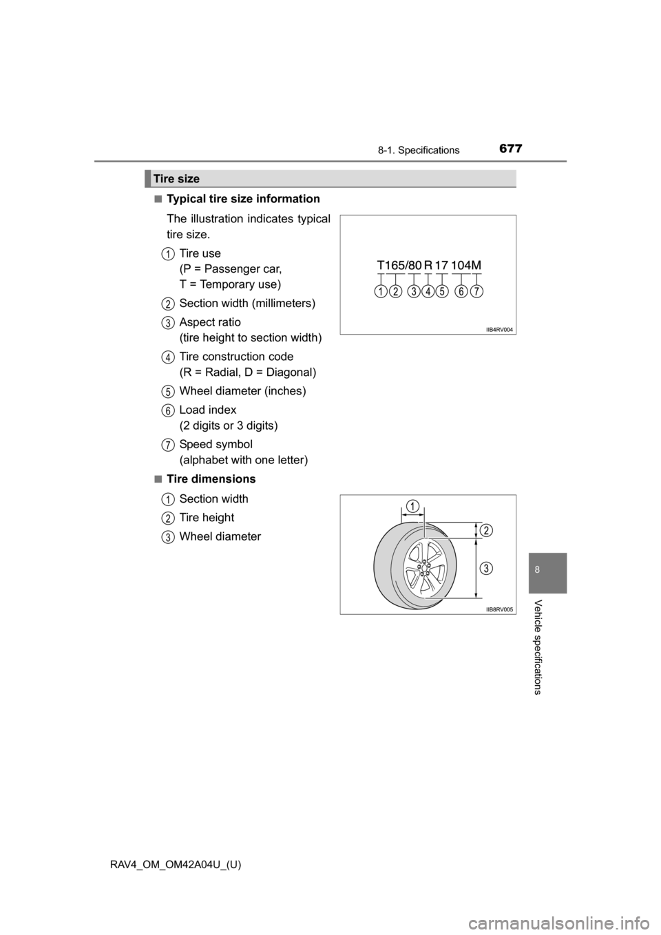TOYOTA RAV4 2014 XA40 / 4.G Owners Manual RAV4_OM_OM42A04U_(U)
6778-1. Specifications
8
Vehicle specifications
■Typical tire size information
The illustration indicates typical
tire size.
Tire use
(P = Passenger car,
T = Temporary use)
Se TOYOTA RAV4 2014 XA40 / 4.G Owners Manual RAV4_OM_OM42A04U_(U)
6778-1. Specifications
8
Vehicle specifications
■Typical tire size information
The illustration indicates typical
tire size.
Tire use
(P = Passenger car,
T = Temporary use)
Se