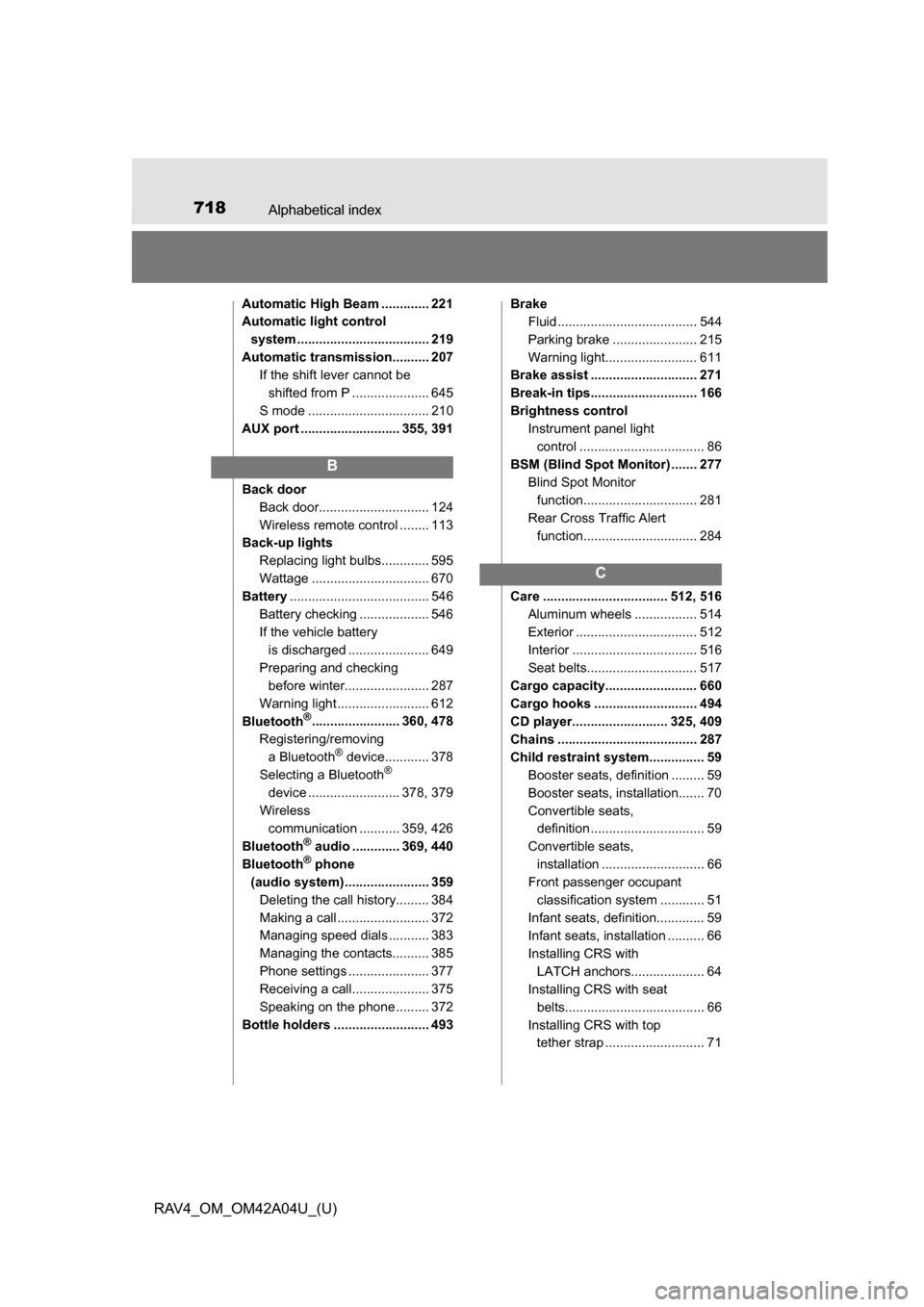 TOYOTA RAV4 2014 XA40 / 4.G Owners Manual 718Alphabetical index
RAV4_OM_OM42A04U_(U)
Automatic High Beam ............. 221
Automatic light control system .................................... 219
Automatic transmission.......... 207 If the shi