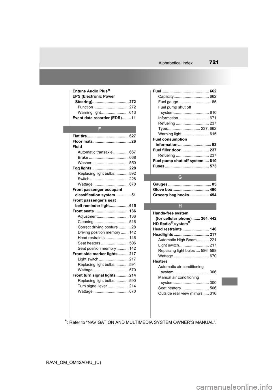 TOYOTA RAV4 2014 XA40 / 4.G Owners Manual 721Alphabetical index
RAV4_OM_OM42A04U_(U)
Entune Audio Plus*EPS (Electronic Power Steering)................................. 272Function ................................ 272
Warning light ........... TOYOTA RAV4 2014 XA40 / 4.G Owners Manual 721Alphabetical index
RAV4_OM_OM42A04U_(U)
Entune Audio Plus*EPS (Electronic Power Steering)................................. 272Function ................................ 272
Warning light ...........