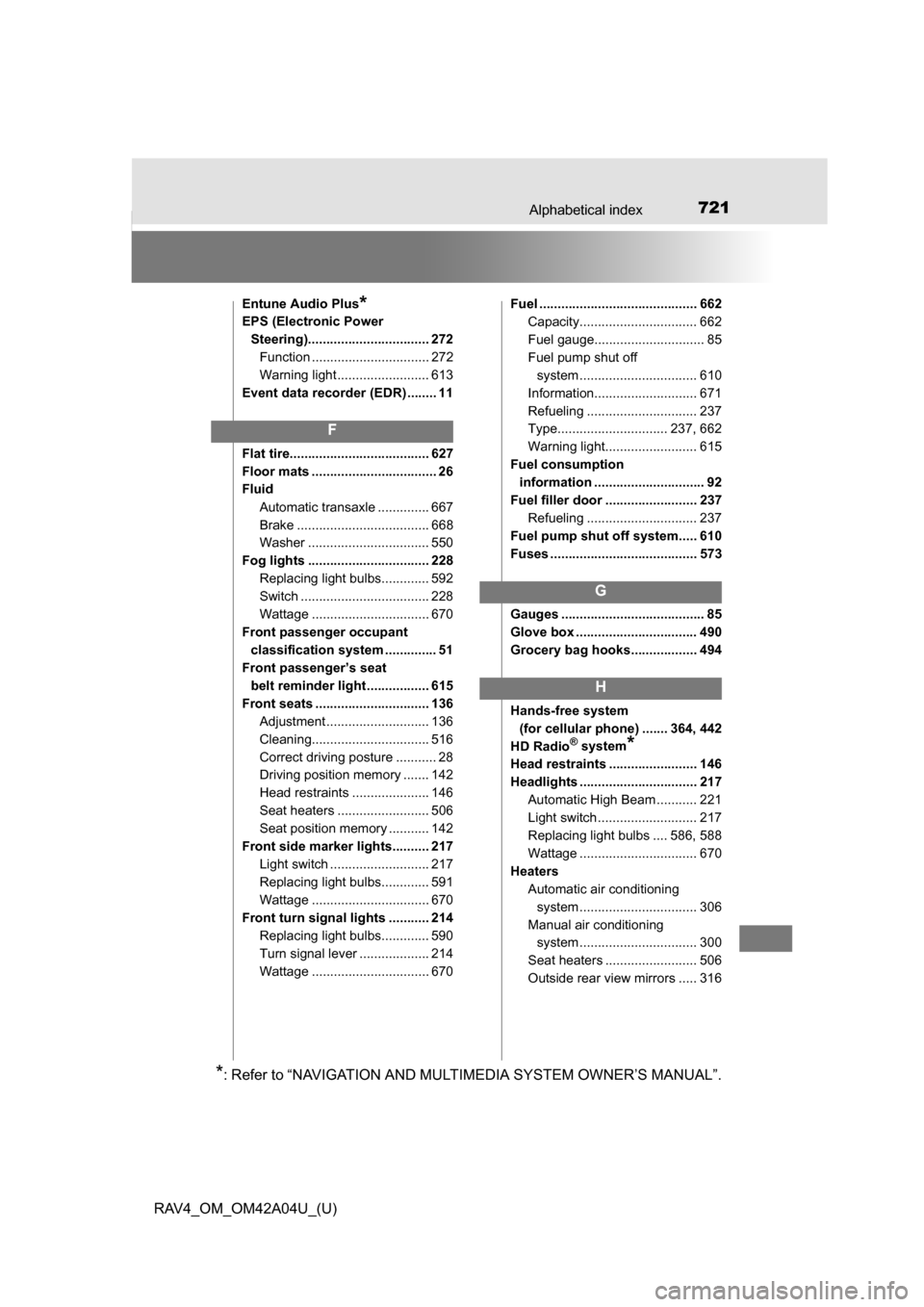 TOYOTA RAV4 2014 XA40 / 4.G Owners Manual 721Alphabetical index
RAV4_OM_OM42A04U_(U)
Entune Audio Plus*EPS (Electronic Power Steering)................................. 272Function ................................ 272
Warning light ...........