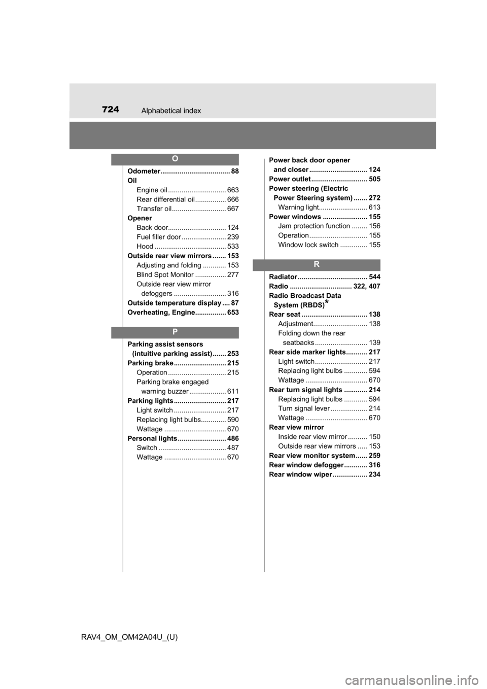TOYOTA RAV4 2014 XA40 / 4.G Owners Manual 724Alphabetical index
RAV4_OM_OM42A04U_(U)
Odometer.................................... 88
OilEngine oil .............................. 663
Rear differential oil ................ 666
Transfer oil .... TOYOTA RAV4 2014 XA40 / 4.G Owners Manual 724Alphabetical index
RAV4_OM_OM42A04U_(U)
Odometer.................................... 88
OilEngine oil .............................. 663
Rear differential oil ................ 666
Transfer oil ....