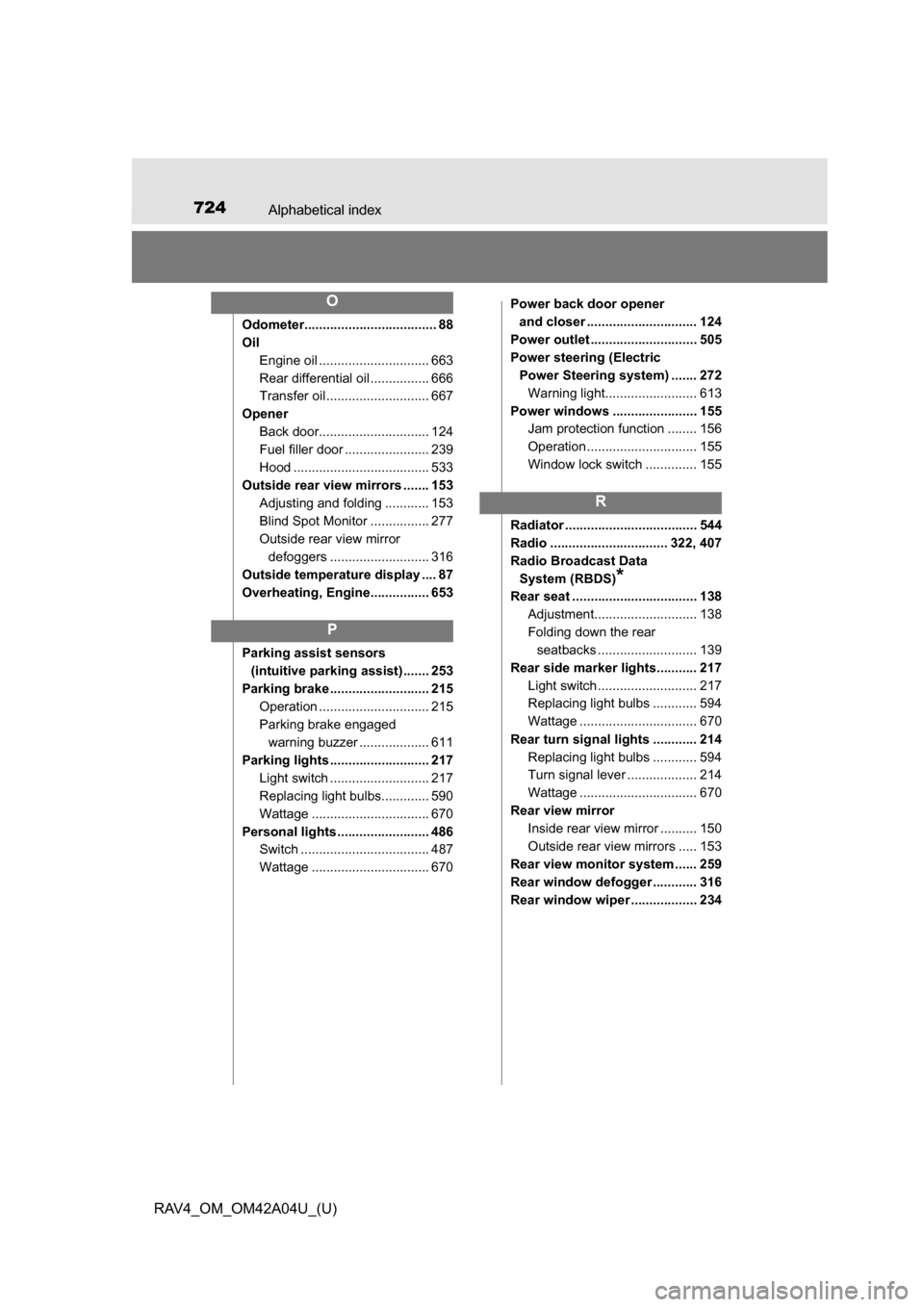 TOYOTA RAV4 2014 XA40 / 4.G Owners Manual 724Alphabetical index
RAV4_OM_OM42A04U_(U)
Odometer.................................... 88
OilEngine oil .............................. 663
Rear differential oil ................ 666
Transfer oil ....