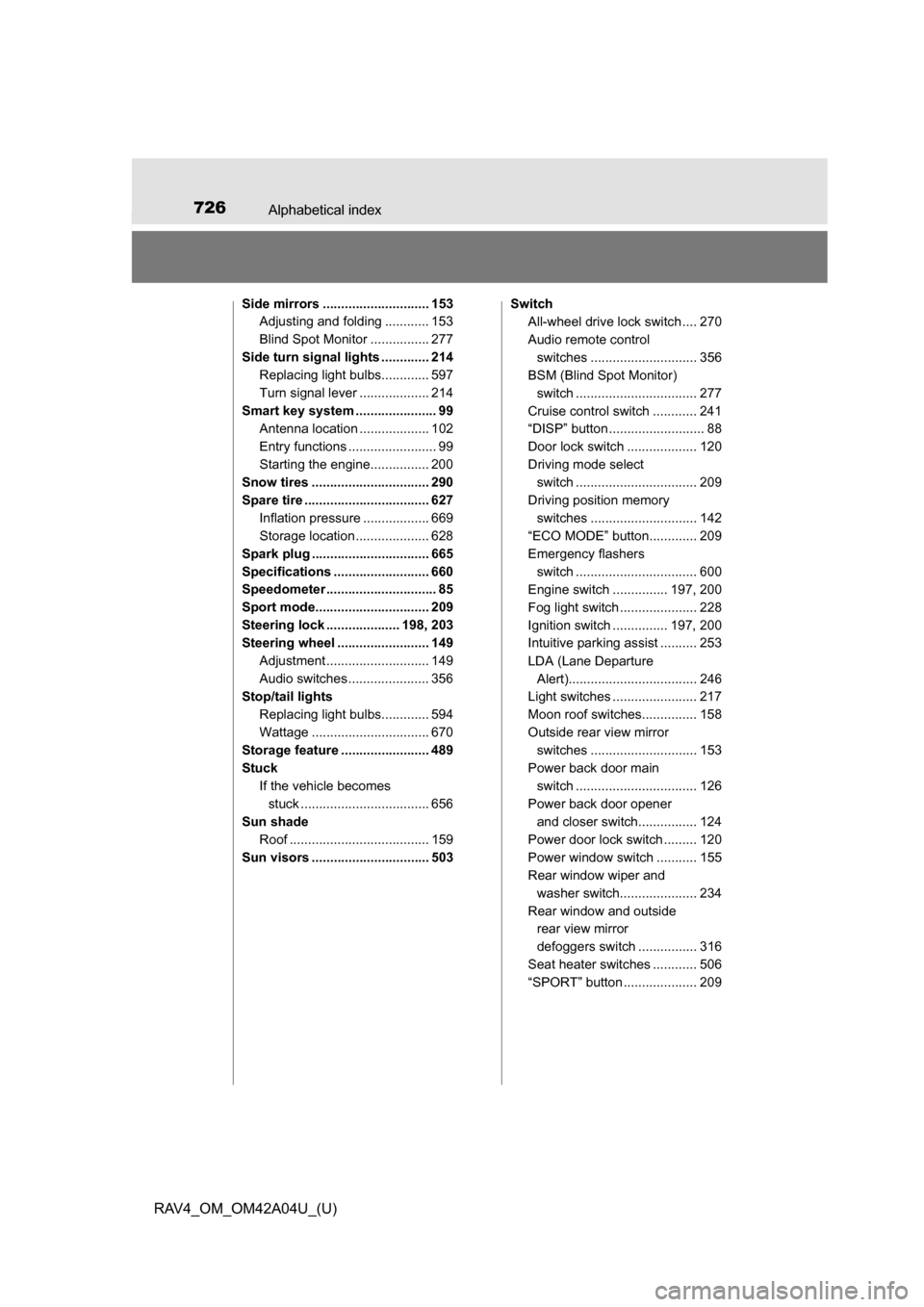 TOYOTA RAV4 2014 XA40 / 4.G Owners Manual 726Alphabetical index
RAV4_OM_OM42A04U_(U)
Side mirrors ............................. 153Adjusting and folding ............ 153
Blind Spot Monitor ................ 277
Side turn signal lights ........