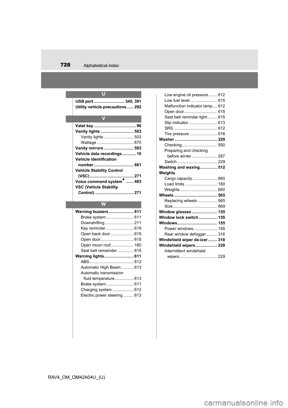 TOYOTA RAV4 2014 XA40 / 4.G Owners Manual 728Alphabetical index
RAV4_OM_OM42A04U_(U)
USB port ........................... 345, 391
Utility vehicle precautions ...... 292
Valet key ..................................... 96
Vanity lights .......