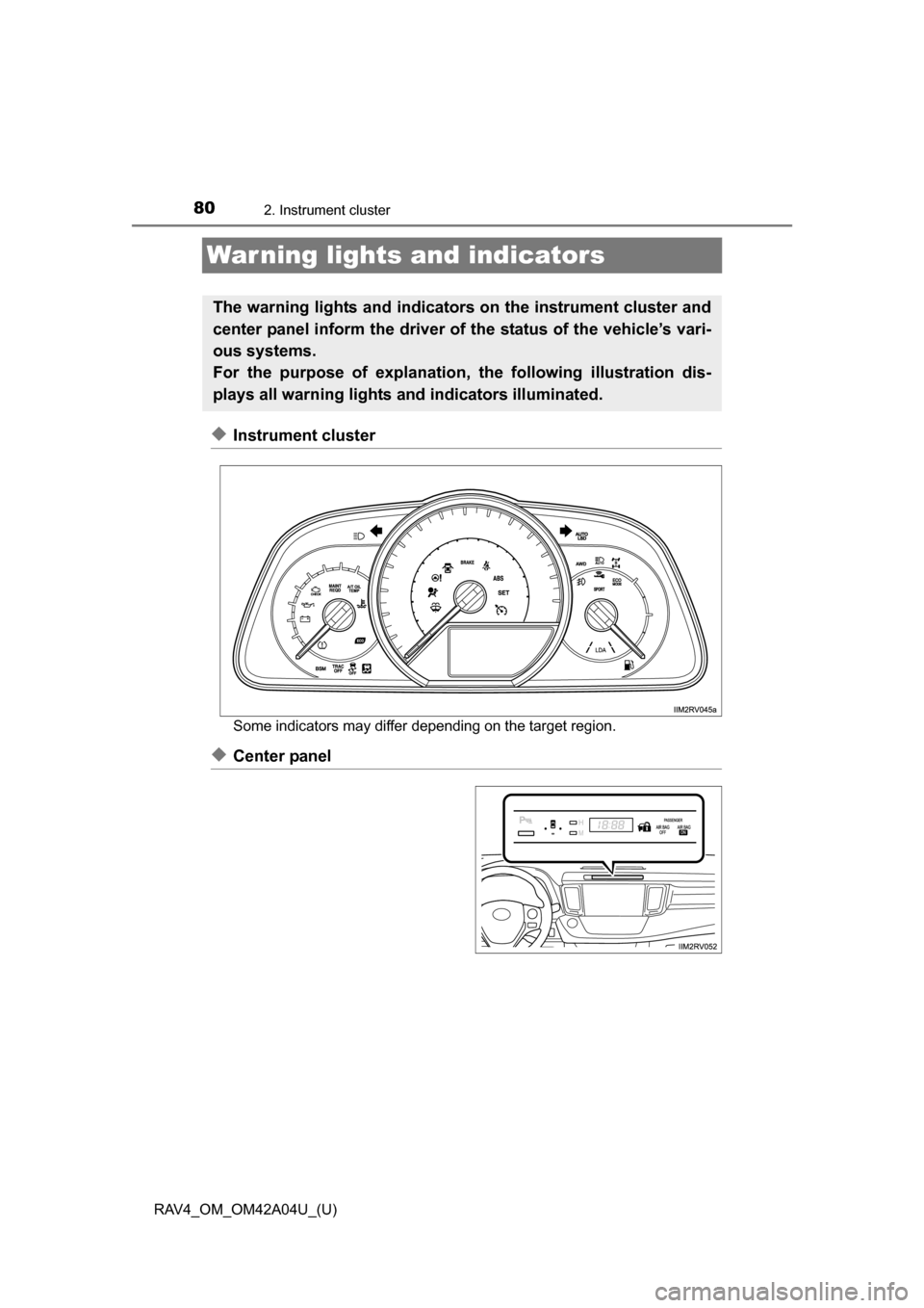 TOYOTA RAV4 2014 XA40 / 4.G Manual PDF 80
RAV4_OM_OM42A04U_(U)
2. Instrument cluster
War ning lights and indicators
◆Instrument cluster
Some indicators may differ depending on the target region.
◆Center panel
The warning lights and ind TOYOTA RAV4 2014 XA40 / 4.G Manual PDF 80
RAV4_OM_OM42A04U_(U)
2. Instrument cluster
War ning lights and indicators
◆Instrument cluster
Some indicators may differ depending on the target region.
◆Center panel
The warning lights and ind