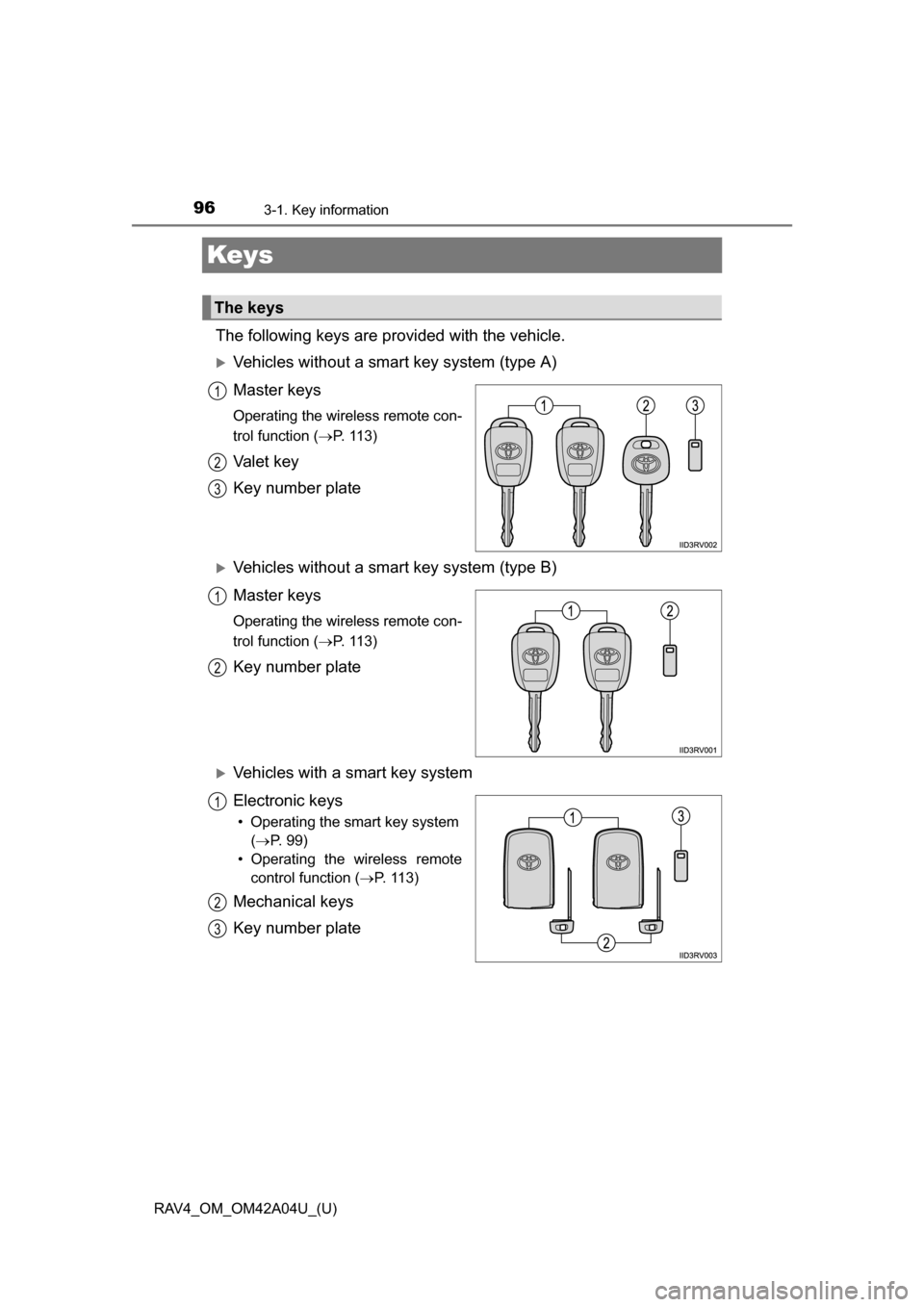 TOYOTA RAV4 2014 XA40 / 4.G Owners Manual 96
RAV4_OM_OM42A04U_(U)
3-1. Key information
Keys
The following keys are provided with the vehicle.
Vehicles without a smart key system (type A)
Master keys
Operating the wireless remote con-
trol TOYOTA RAV4 2014 XA40 / 4.G Owners Manual 96
RAV4_OM_OM42A04U_(U)
3-1. Key information
Keys
The following keys are provided with the vehicle.
Vehicles without a smart key system (type A)
Master keys
Operating the wireless remote con-
trol