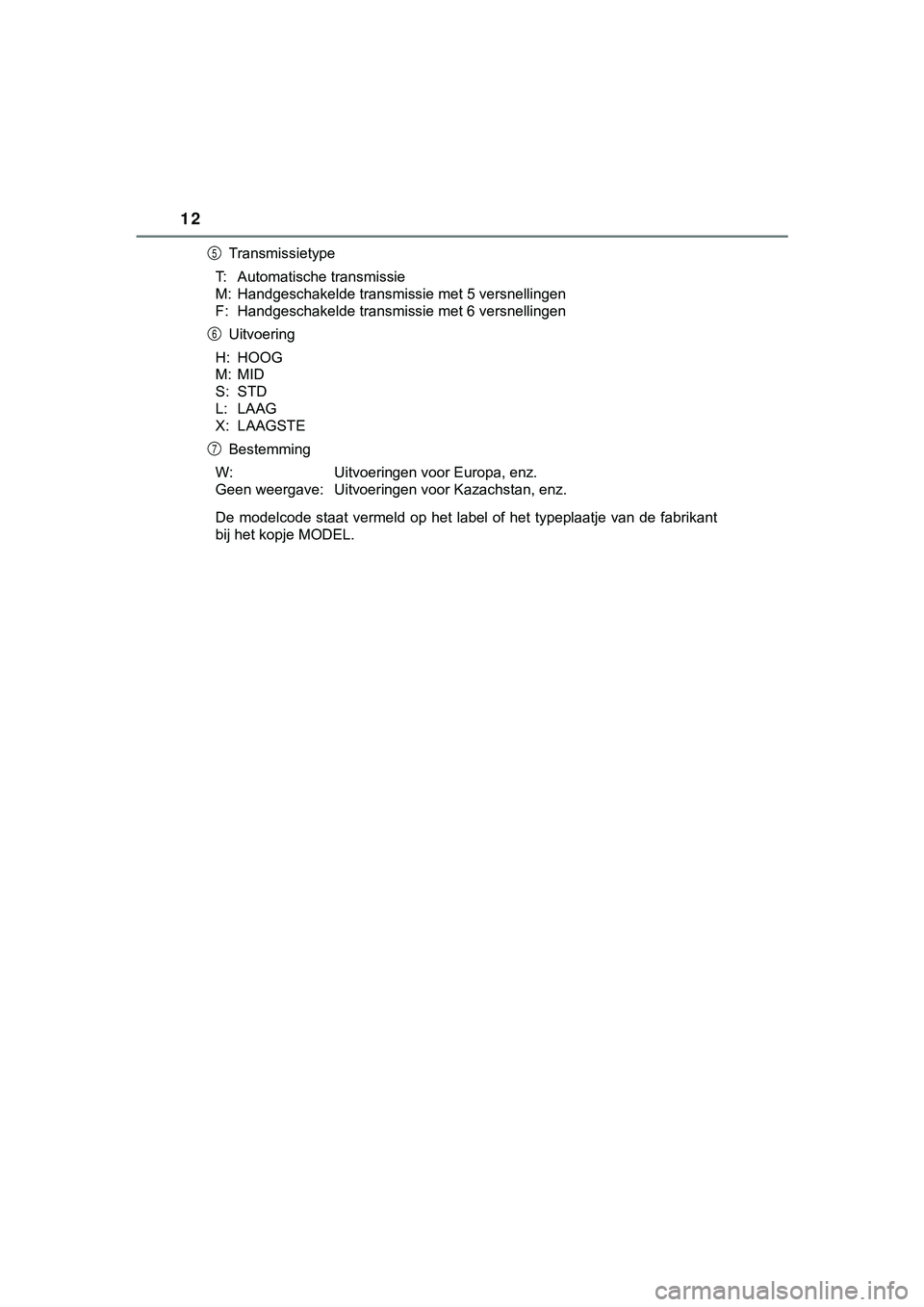 TOYOTA HILUX 2019 Instructieboekje (in Dutch) 12
HILUX_OM_OM0K375E_(EE)Transmissietype
T: Automatische transmissie
M: Handgeschakelde transmissie met 5 versnellingen
F: Handgeschakelde transmissie met 6 versnellingen Uitvoering
H: HOOG
M: MID
S: TOYOTA HILUX 2019 Instructieboekje (in Dutch) 12
HILUX_OM_OM0K375E_(EE)Transmissietype
T: Automatische transmissie
M: Handgeschakelde transmissie met 5 versnellingen
F: Handgeschakelde transmissie met 6 versnellingen Uitvoering
H: HOOG
M: MID
S: