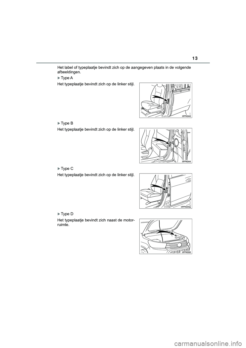 TOYOTA HILUX 2019 Instructieboekje (in Dutch) 13
HILUX_OM_OM0K375E_(EE)Het label of typeplaatje bevindt zich op de aangegeven plaats i
n de volgende
afbeeldingen.
Type A
Type B
Type C
Type D
Het typeplaatje bevindt zich op de linker s TOYOTA HILUX 2019 Instructieboekje (in Dutch) 13
HILUX_OM_OM0K375E_(EE)Het label of typeplaatje bevindt zich op de aangegeven plaats i
n de volgende
afbeeldingen.
Type A
Type B
Type C
Type D
Het typeplaatje bevindt zich op de linker s