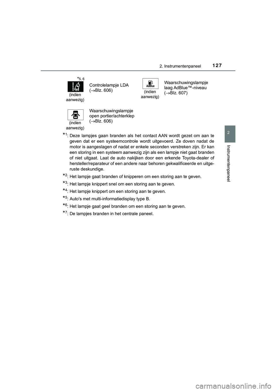 TOYOTA HILUX 2019  Instructieboekje (in Dutch) 1272. Instrumentenpaneel
2
Instrumentenpaneel
HILUX_OM_OM0K375E_(EE)
*1: Deze  lampjes  gaan  branden  als  het  contact AAN  wordt  gezet  om  aan  te
geven  dat  er  een  systeemcontrole  wordt  uit