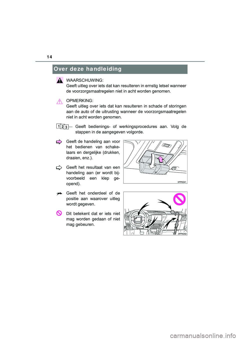 TOYOTA HILUX 2019 Instructieboekje (in Dutch) 14
HILUX_OM_OM0K375E_(EE)
Over deze handleiding
WAARSCHUWING:
Geeft uitleg over iets dat kan resulteren in ernstig letsel wanneer
de voorzorgsmaatregelen niet in acht worden genomen.
OPMERKING:
Geef TOYOTA HILUX 2019 Instructieboekje (in Dutch) 14
HILUX_OM_OM0K375E_(EE)
Over deze handleiding
WAARSCHUWING:
Geeft uitleg over iets dat kan resulteren in ernstig letsel wanneer
de voorzorgsmaatregelen niet in acht worden genomen.
OPMERKING:
Geef