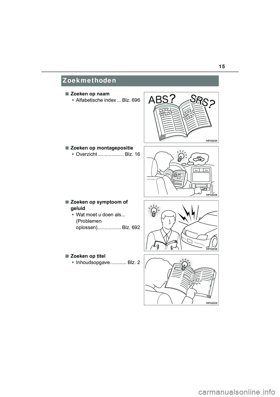 TOYOTA HILUX 2019 Instructieboekje (in Dutch) 15
HILUX_OM_OM0K375E_(EE)
Zoekmethoden
■Zoeken op naam• Alfabetische index ... Blz. 696
■Zoeken op montagepositie• Overzicht ................... Blz. 16
■Zoeken op symptoom of
geluid• Wat TOYOTA HILUX 2019 Instructieboekje (in Dutch) 15
HILUX_OM_OM0K375E_(EE)
Zoekmethoden
■Zoeken op naam• Alfabetische index ... Blz. 696
■Zoeken op montagepositie• Overzicht ................... Blz. 16
■Zoeken op symptoom of
geluid• Wat