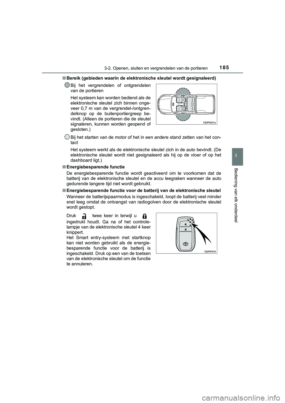 TOYOTA HILUX 2019  Instructieboekje (in Dutch) 1853-2. Openen, sluiten en vergrendelen van de portieren
3
Bediening van elk onderdeel
HILUX_OM_OM0K375E_(EE)■
Bereik (gebieden waarin de elektronische sleutel wordt gesignal eerd)
Bij het starten v