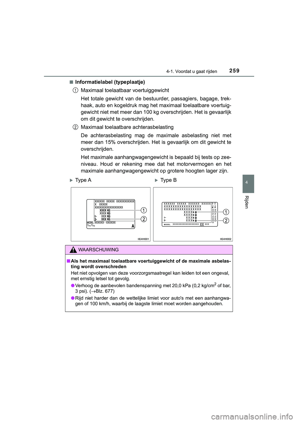 TOYOTA HILUX 2019  Instructieboekje (in Dutch) 2594-1. Voordat u gaat rijden
4
Rijden
HILUX_OM_OM0K375E_(EE)■
Informatielabel (typeplaatje)
Maximaal toelaatbaar voertuiggewicht
Het  totale  gewicht  van  de  bestuurder,  passagiers,  bagage,  tr