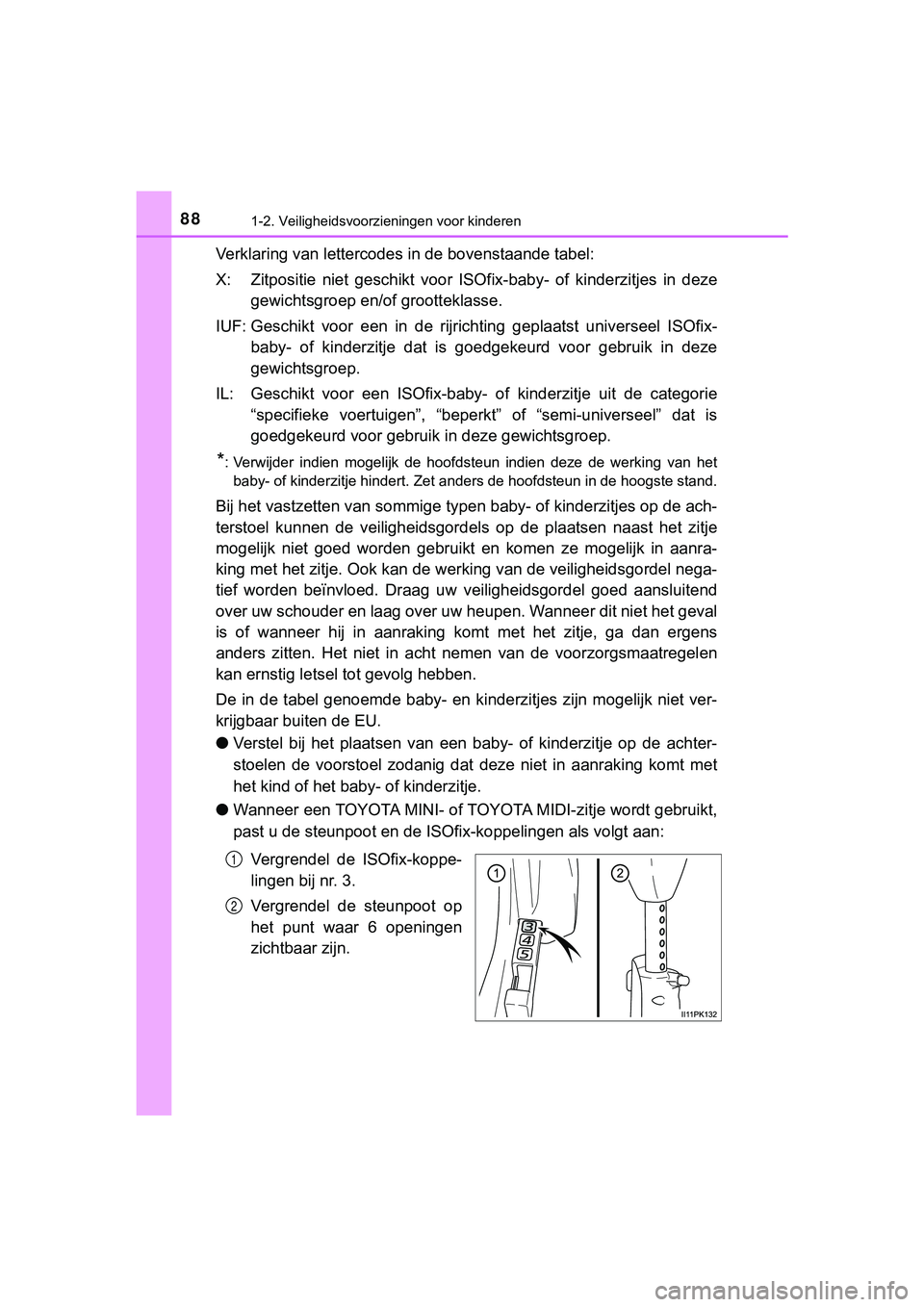 TOYOTA HILUX 2019  Instructieboekje (in Dutch) 881-2. Veiligheidsvoorzieningen voor kinderen
HILUX_OM_OM0K375E_(EE)
Verklaring van lettercodes in de bovenstaande tabel:
X: Zitpositie  niet  geschikt  voor  ISOfix-baby-  of  kinderzitjes  in  deze

