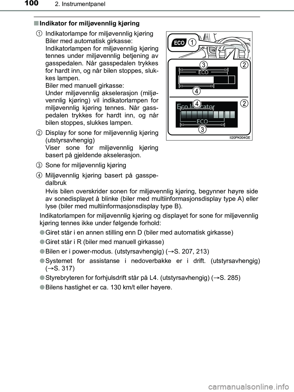 TOYOTA HILUX 2019 Instruksjoner for bruk (in Norwegian) 1002. Instrumentpanel
HILUX_OM_OM0K375NO_(EE)
nIndikator for miljøvennlig kjøring
Hvis bilen overskrider sonen for milj øvennlig kjøring, begynner høyre side
av sonedisplayet å blinke (biler med TOYOTA HILUX 2019 Instruksjoner for bruk (in Norwegian) 1002. Instrumentpanel
HILUX_OM_OM0K375NO_(EE)
nIndikator for miljøvennlig kjøring
Hvis bilen overskrider sonen for milj øvennlig kjøring, begynner høyre side
av sonedisplayet å blinke (biler med