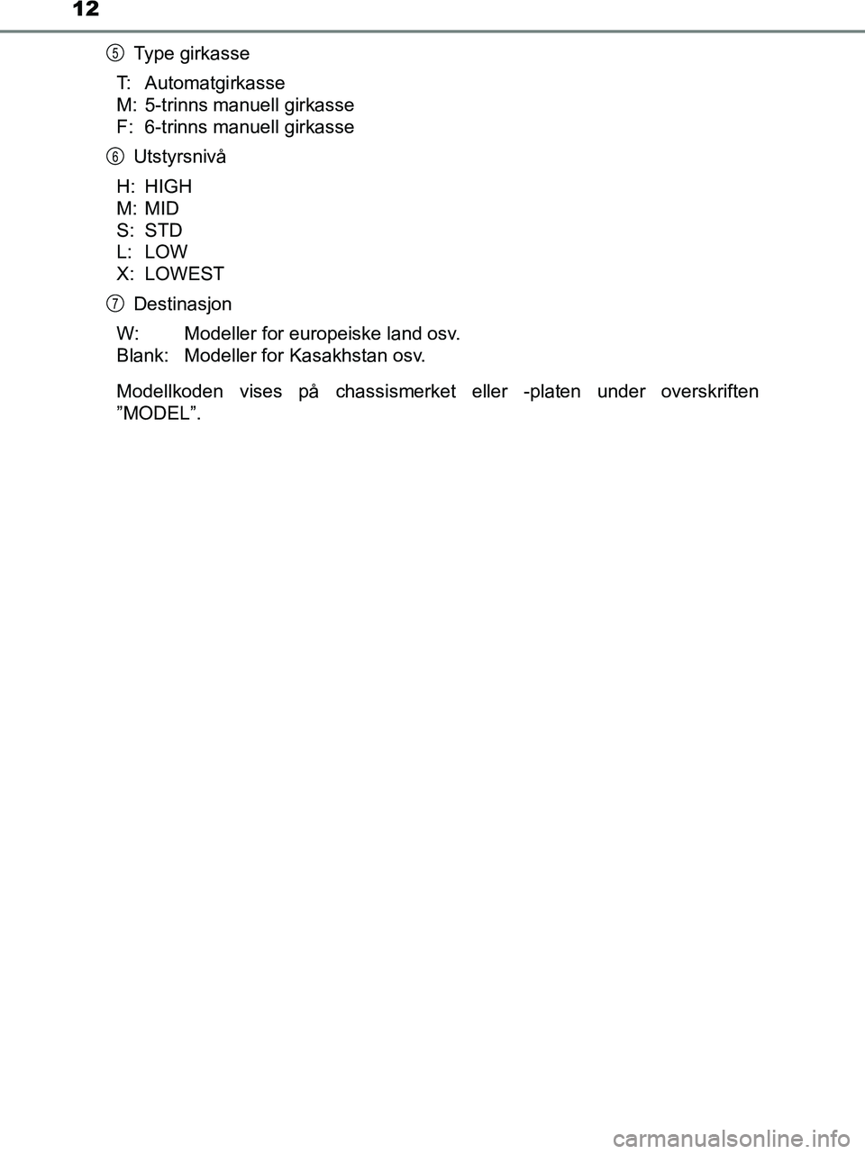 TOYOTA HILUX 2019 Instruksjoner for bruk (in Norwegian) 12
HILUX_OM_OM0K375NO_(EE)Type girkasse
T: Automatgirkasse
M: 5-trinns manuell girkasse
F: 6-trinns manuell girkasse Utstyrsnivå
H: HIGH
M: MID
S: STD
L: LOW
X: LOWEST Destinasjon
W: Modeller for eur TOYOTA HILUX 2019 Instruksjoner for bruk (in Norwegian) 12
HILUX_OM_OM0K375NO_(EE)Type girkasse
T: Automatgirkasse
M: 5-trinns manuell girkasse
F: 6-trinns manuell girkasse Utstyrsnivå
H: HIGH
M: MID
S: STD
L: LOW
X: LOWEST Destinasjon
W: Modeller for eur