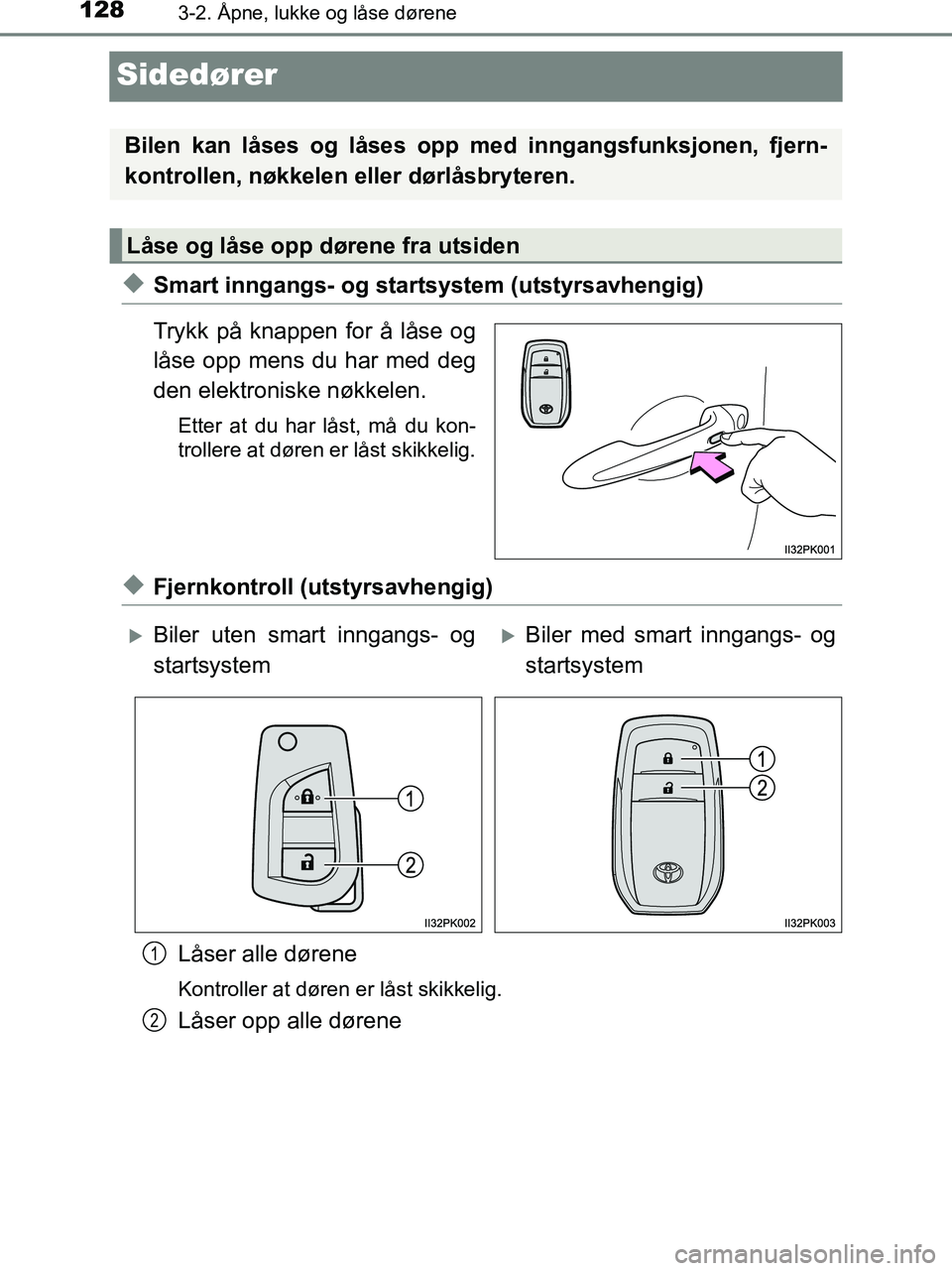 TOYOTA HILUX 2019 Instruksjoner for bruk (in Norwegian) 1283-2. Åpne, lukke og låse dørene
HILUX_OM_OM0K375NO_(EE)
Sidedører
uSmart inngangs- og startsystem (utstyrsavhengig)
Trykk på knappen for å låse og
låse opp mens du har med deg
den elektroni TOYOTA HILUX 2019 Instruksjoner for bruk (in Norwegian) 1283-2. Åpne, lukke og låse dørene
HILUX_OM_OM0K375NO_(EE)
Sidedører
uSmart inngangs- og startsystem (utstyrsavhengig)
Trykk på knappen for å låse og
låse opp mens du har med deg
den elektroni