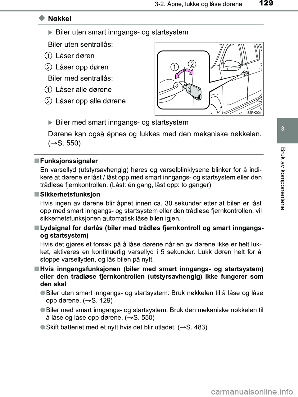 TOYOTA HILUX 2019 Instruksjoner for bruk (in Norwegian) 1293-2. Åpne, lukke og låse dørene
3
Bruk av komponentene
HILUX_OM_OM0K375NO_(EE)
uNøkkel
Biler uten smart inngangs- og startsystem
Biler uten sentrallås: Låser døren
Låser opp døren
Biler TOYOTA HILUX 2019 Instruksjoner for bruk (in Norwegian) 1293-2. Åpne, lukke og låse dørene
3
Bruk av komponentene
HILUX_OM_OM0K375NO_(EE)
uNøkkel
Biler uten smart inngangs- og startsystem
Biler uten sentrallås: Låser døren
Låser opp døren
Biler