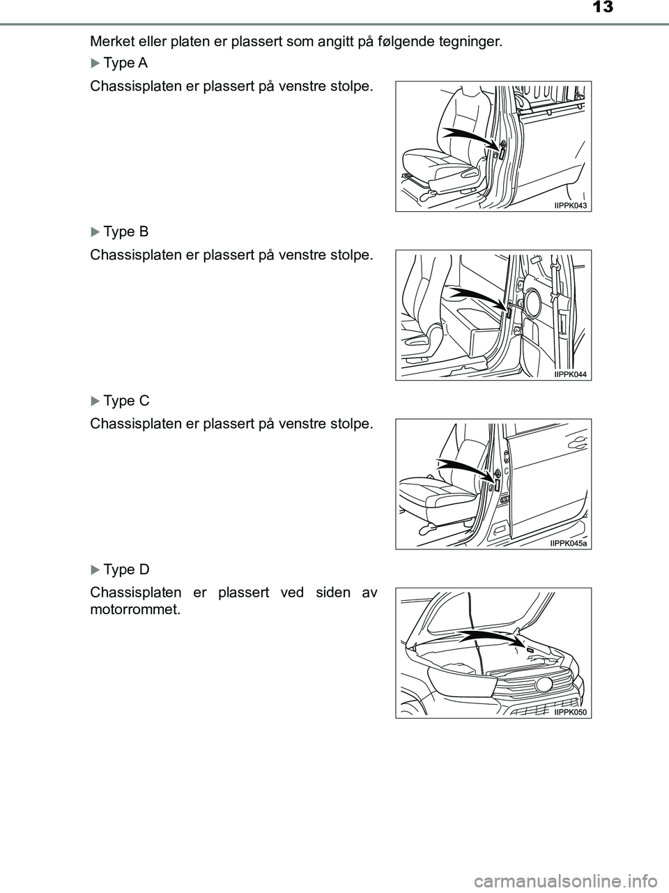 TOYOTA HILUX 2019 Instruksjoner for bruk (in Norwegian) 13
HILUX_OM_OM0K375NO_(EE)Merket eller platen er plassert som angitt på følgende tegninger.
Type A
Type B
Type C
Type D
Chassisplaten er plassert på venstre stolpe.
Chassisplaten er pla TOYOTA HILUX 2019 Instruksjoner for bruk (in Norwegian) 13
HILUX_OM_OM0K375NO_(EE)Merket eller platen er plassert som angitt på følgende tegninger.
Type A
Type B
Type C
Type D
Chassisplaten er plassert på venstre stolpe.
Chassisplaten er pla