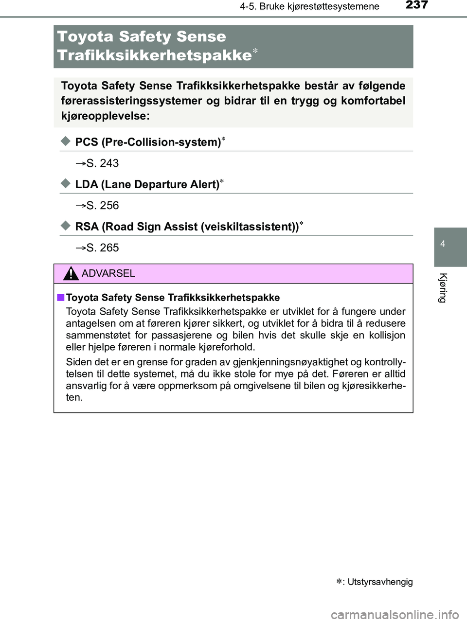 TOYOTA HILUX 2019 Instruksjoner for bruk (in Norwegian) 237
4
4-5. Bruke kjørestøttesystemene
Kjøring
HILUX_OM_OM0K375NO_(EE)
Toyota Safety Sense
Trafikksikkerhetspakke
uPCS (Pre-Collision-system)
S. 243
uLDA (Lane Departure Alert)
S. 2 TOYOTA HILUX 2019 Instruksjoner for bruk (in Norwegian) 237
4
4-5. Bruke kjørestøttesystemene
Kjøring
HILUX_OM_OM0K375NO_(EE)
Toyota Safety Sense
Trafikksikkerhetspakke
uPCS (Pre-Collision-system)
S. 243
uLDA (Lane Departure Alert)
S. 2