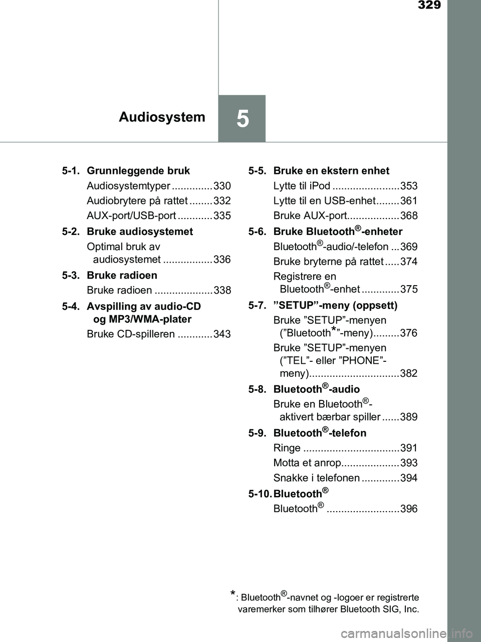TOYOTA HILUX 2019  Instruksjoner for bruk (in Norwegian) 329
5Audiosystem
HILUX_OM_OM0K375NO_(EE)5-1. Grunnleggende bruk
Audiosystemtyper .............. 330
Audiobrytere på rattet ........ 332
AUX-port/USB-port ............ 335
5-2. Bruke audiosystemet Opt