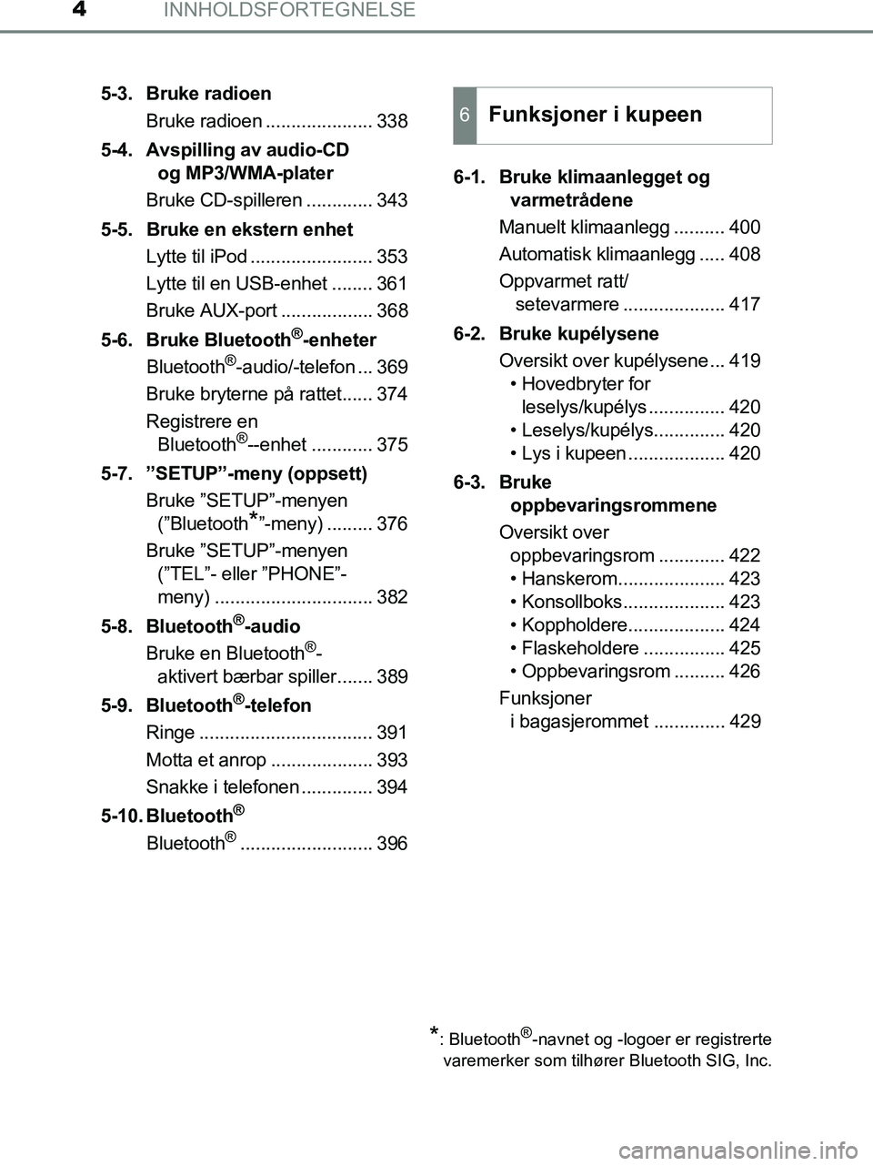 TOYOTA HILUX 2019 Instruksjoner for bruk (in Norwegian) INNHOLDSFORTEGNELSE4
HILUX_OM_OM0K375NO_(EE)5-3. Bruke radioen
Bruke radioen ..................... 338
5-4. Avspilling av audio-CD og MP3/WMA-plater
Bruke CD-spilleren ............. 343
5-5. Bruke en TOYOTA HILUX 2019 Instruksjoner for bruk (in Norwegian) INNHOLDSFORTEGNELSE4
HILUX_OM_OM0K375NO_(EE)5-3. Bruke radioen
Bruke radioen ..................... 338
5-4. Avspilling av audio-CD og MP3/WMA-plater
Bruke CD-spilleren ............. 343
5-5. Bruke en