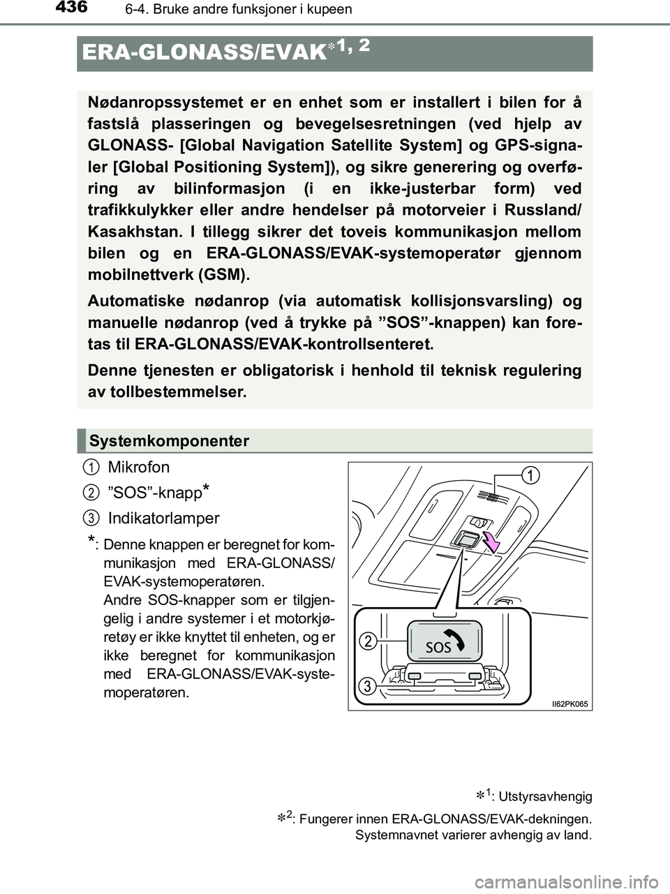 TOYOTA HILUX 2019 Instruksjoner for bruk (in Norwegian) 4366-4. Bruke andre funksjoner i kupeen
HILUX_OM_OM0K375NO_(EE)
ERA-GLONASS/EVAK1, 2
Mikrofon
”SOS”-knapp
*
Indikatorlamper
*: Denne knappen er beregnet for kom-munikasjon med ERA-GLONASS/
EVA TOYOTA HILUX 2019 Instruksjoner for bruk (in Norwegian) 4366-4. Bruke andre funksjoner i kupeen
HILUX_OM_OM0K375NO_(EE)
ERA-GLONASS/EVAK1, 2
Mikrofon
”SOS”-knapp
*
Indikatorlamper
*: Denne knappen er beregnet for kom-munikasjon med ERA-GLONASS/
EVA