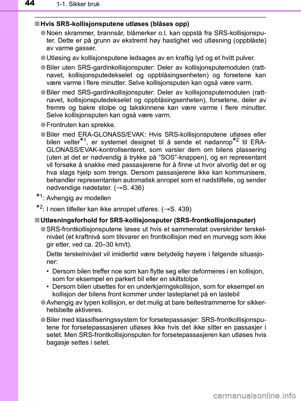 TOYOTA HILUX 2019 Instruksjoner for bruk (in Norwegian) 441-1. Sikker bruk
HILUX_OM_OM0K375NO_(EE)
nHvis SRS-kollisjonsputene utløses (blåses opp)
lNoen skrammer, brannsår, blåmerker o.l. kan oppstå fra SRS-kollisjonspu-
ter. Dette er på grunn av eks TOYOTA HILUX 2019 Instruksjoner for bruk (in Norwegian) 441-1. Sikker bruk
HILUX_OM_OM0K375NO_(EE)
nHvis SRS-kollisjonsputene utløses (blåses opp)
lNoen skrammer, brannsår, blåmerker o.l. kan oppstå fra SRS-kollisjonspu-
ter. Dette er på grunn av eks